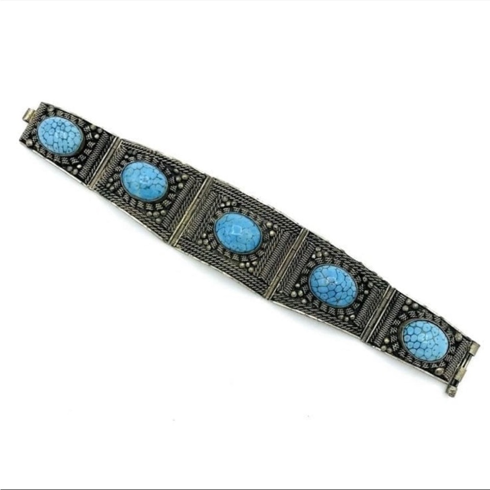 Antique Silver 925 and Blue Stone Cannetille Panel Bracelet Cuff